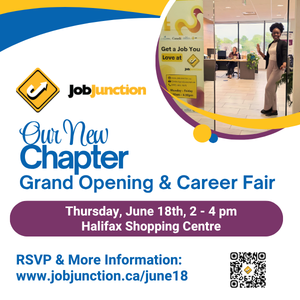 You are cordially invite to the Grand opening and career fair on June 18 from 2 pm to 4 pm. Image shows Job Junction staff member standing at an open door smiling and waving. Another staff member can be seen in the background smiling and sitting at a desk.