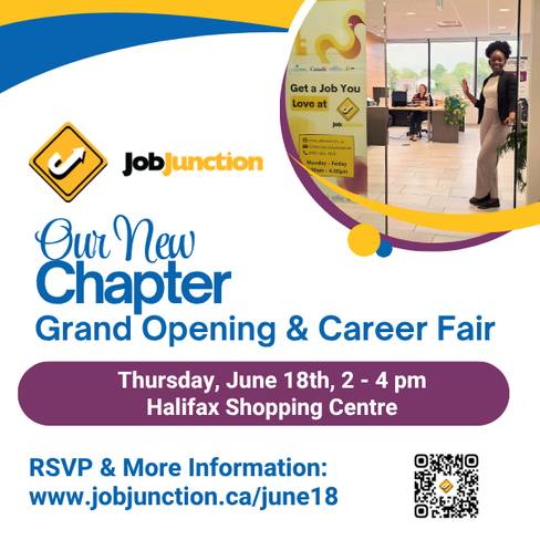 You are cordially invite to the Grand opening and career fair on June 18 from 2 pm to 4 pm. Image shows Job Junction staff member standing at an open door smiling and waving. Another staff member can be seen in the background smiling and sitting at a desk.